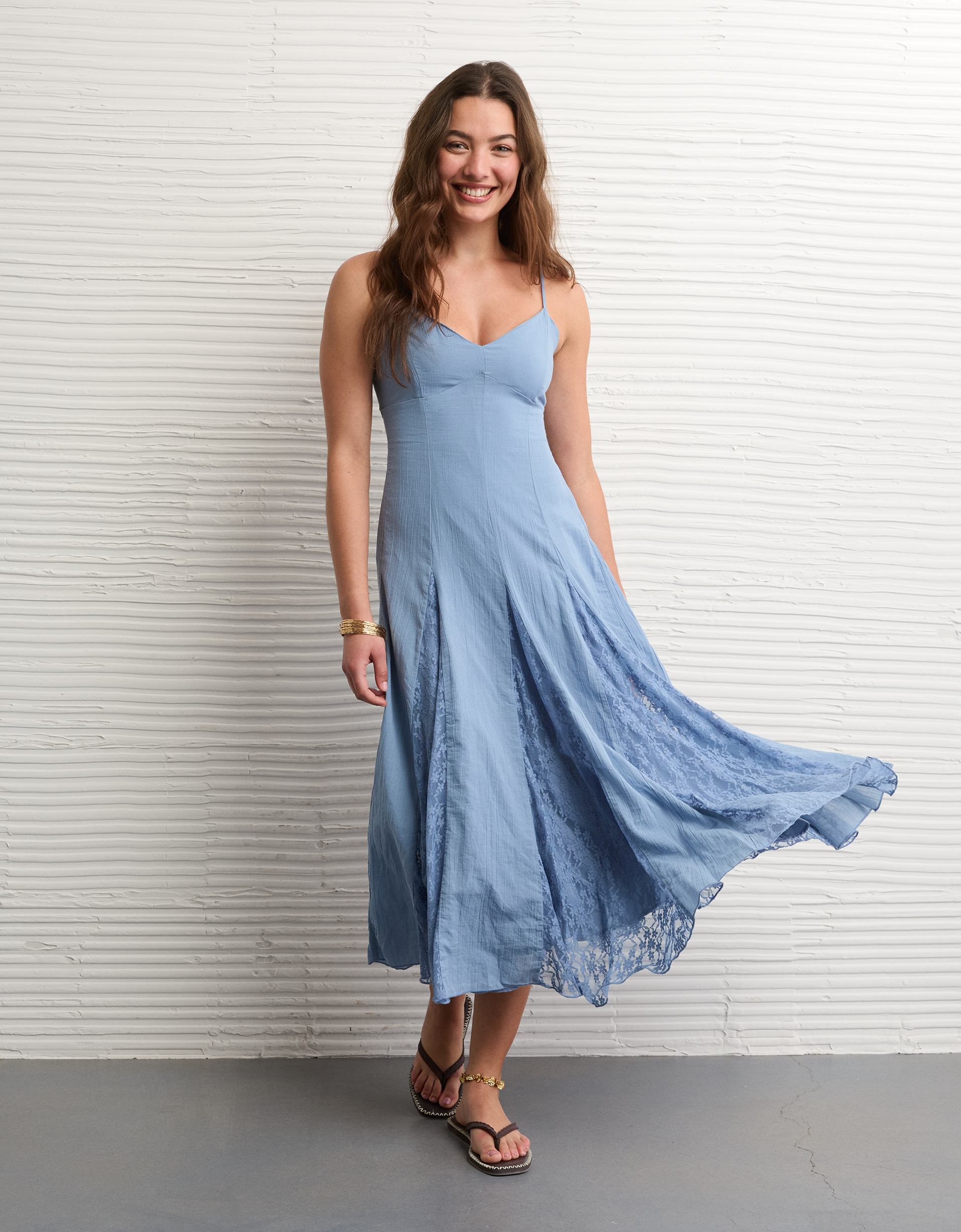 american eagle midi dress AE V-Neck Pleated Lace Waist 76cm AE Tie-Front Midi Dress Women's